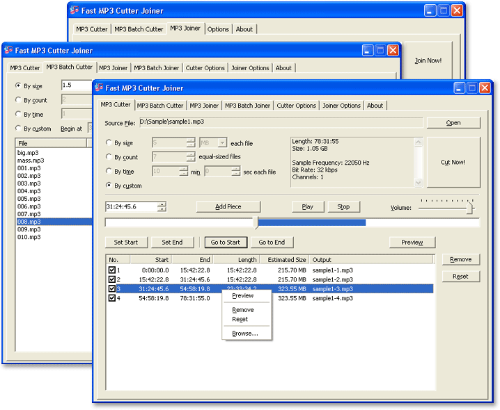 Cut and trim a large MP3 file into multiple smaller pieces and join MP3 files.